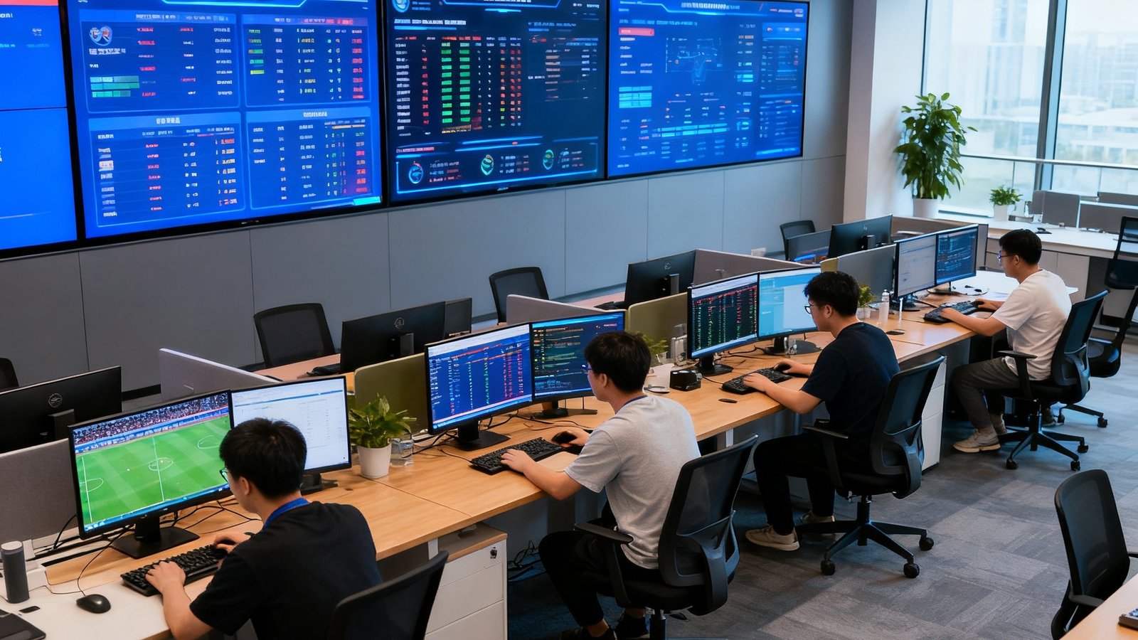 雷速比分技术团队在现代化开放办公区协作工作，墙上多块大屏幕显示着全球实时比分数据和赛事监控面板，团队成员专注地进行数据维护。