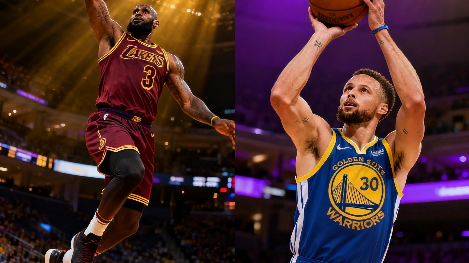 NBA比赛集锦视频缩略图，展示詹姆斯突破暴扣和库里远投三分的精彩对比画面，球馆灯光效果炫丽。